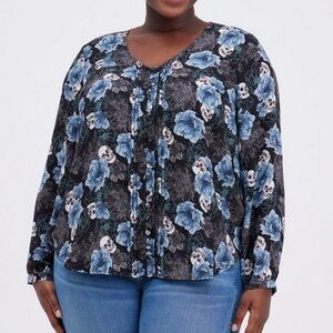Torrid Georgette Pintuck Rose and Skull Blue and Black Blouse - Size 2